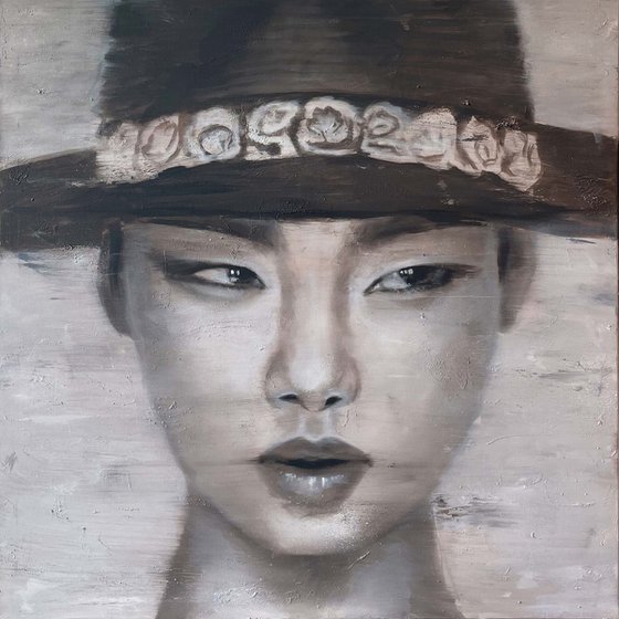 Yoon | Asian female model with hat contemporary portrait large painting oil on canvas ready to hang Painting by RK H