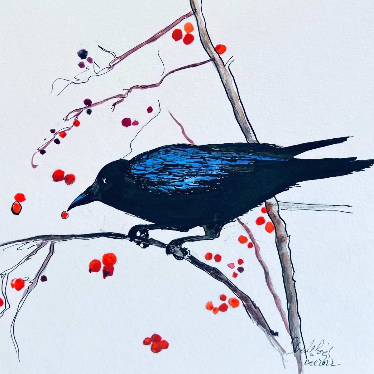 Expressive Animal Watercolour By Shabs Beigh, 12 X 12", Raven On A Branch, Original Artwork