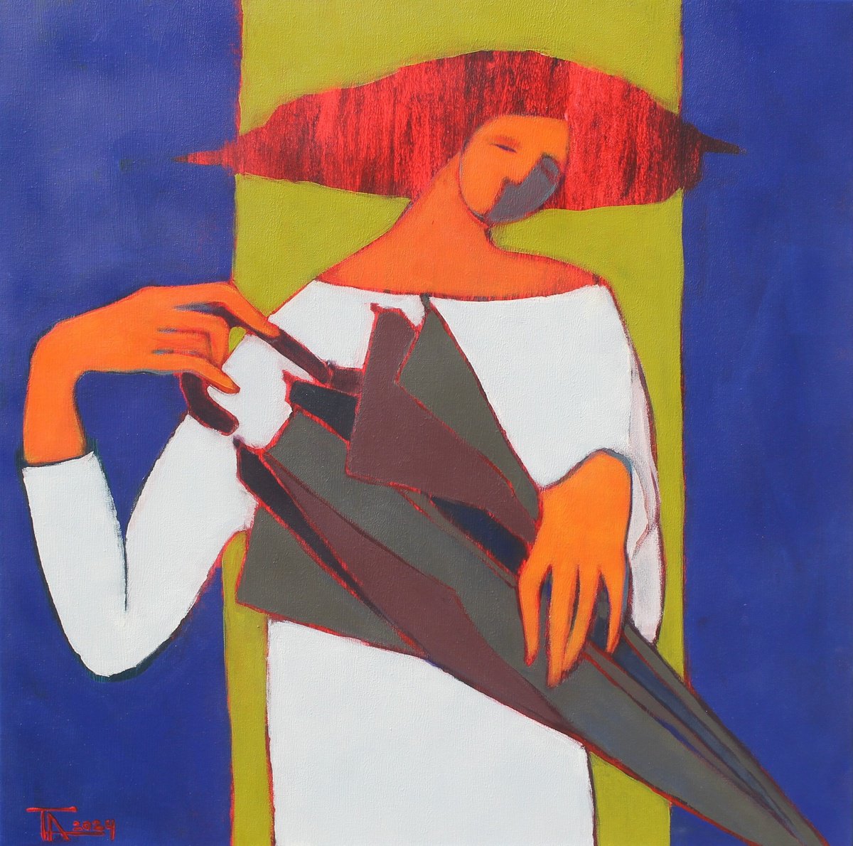 Expressive Portrait Acrylic Painting By Tatjana Auschew, 31 X 31", The Rain Has Stopped..., Original Artwork