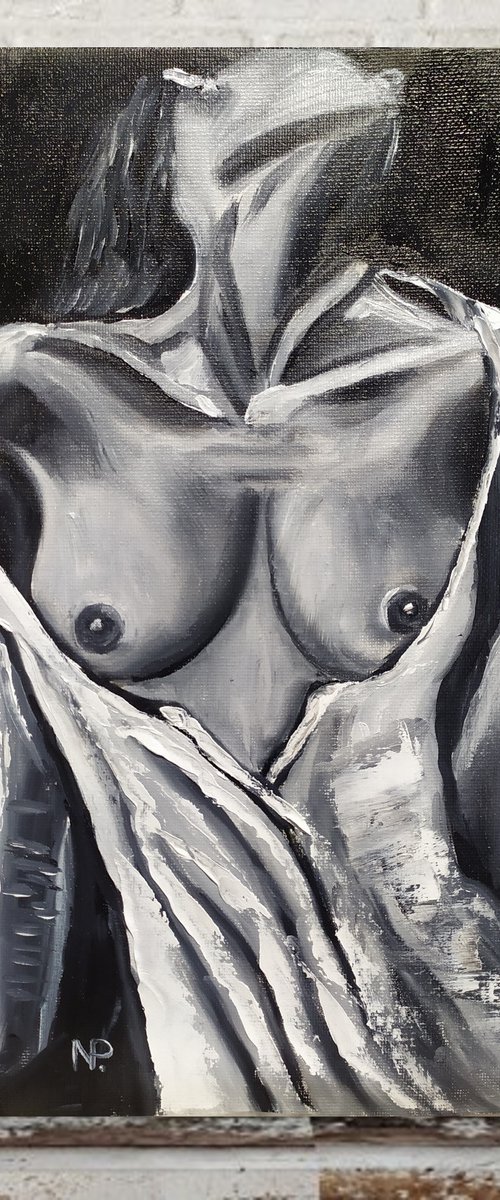 In silence, nude erotic black and white oil painting, gift art, bedroom painting by Nataliia Plakhotnyk