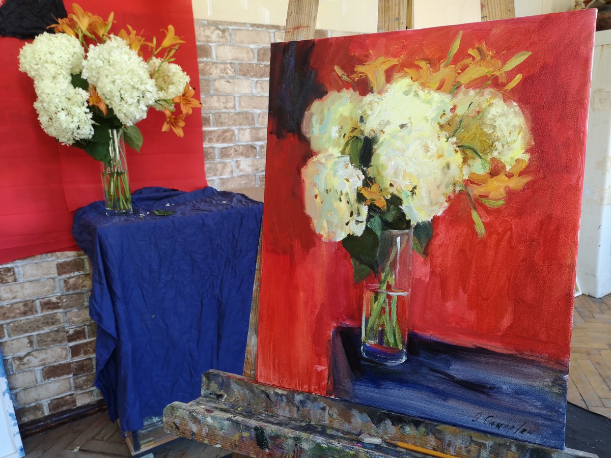 Expressive Botanical Oil Painting By Olga Samar, 18 X 22", Hydrangea On A Red Background, Original Artwork