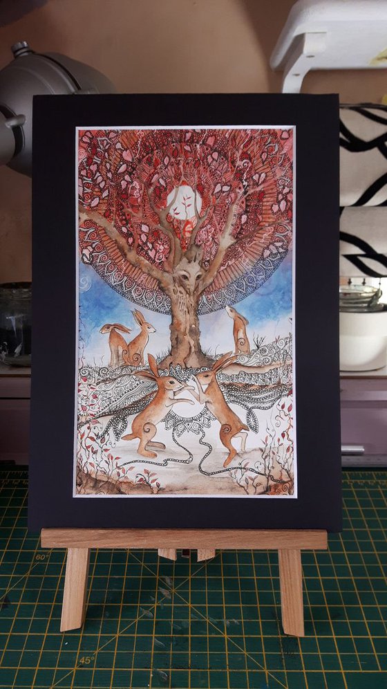 Hares and Mandala Tree, Original Watercolour Painting