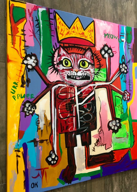 KING TROY the cat, ( 102 x 91 cm, 40 x 36 inches),  multi-armed, multitasking, inspired by Basquiat and Indian culture, solving the problems of the modern rapidly changing world in parallel and seamlessly