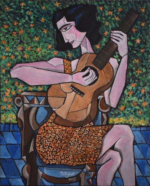 Woman and Guitar in the garden by Nagui