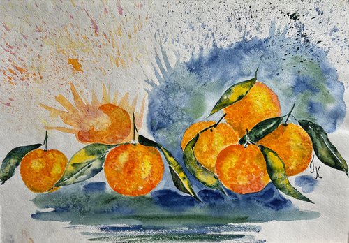 Tangerine Painting Citrus Original Art Orange Watercolor Fruit Still Life Artwork Small Wall Art 17 by 12" by Halyna Kirichenko by Halyna Kirichenko