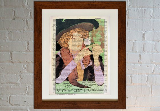 Salon des Cent 5me Exposition - Collage Art Print on Large Real English Dictionary Vintage Book Page