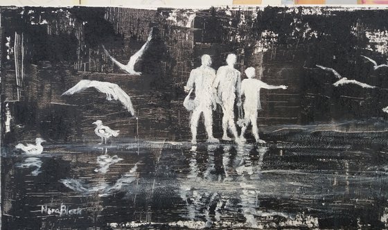 "Gulls island,  large Mixed Media painting, 90x30x2cm