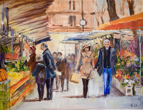 Market in Montmartre. Parisian series. Original oil painting. City landscape street view typical scene. Medium size painting