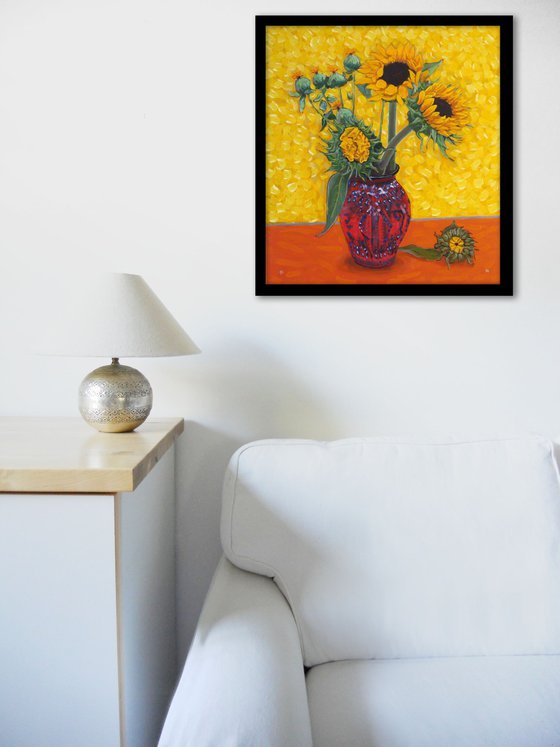 Sunflowers in a Red Vase