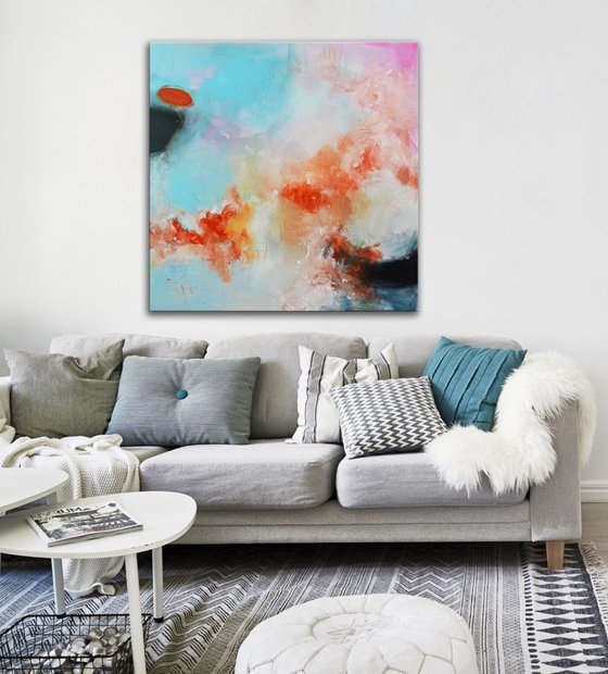 Floating Orange on Lollipop Sky - blue and pink square painting