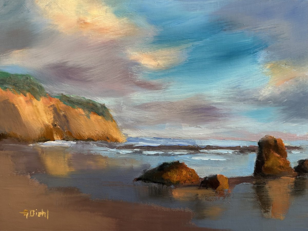 Impressionistic Landscape Oil Painting By Grace Diehl, 12 X 9, Crystal Cove Dusk, Original Artwork