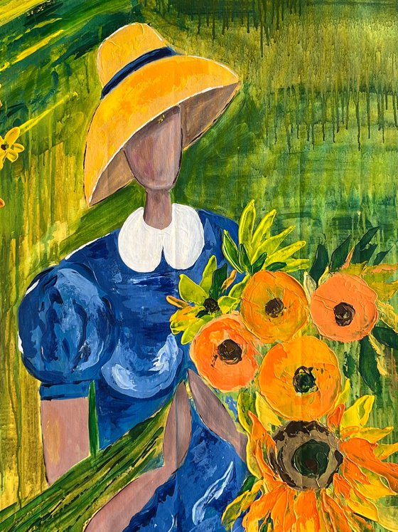 Woman with Sunflowers Painting