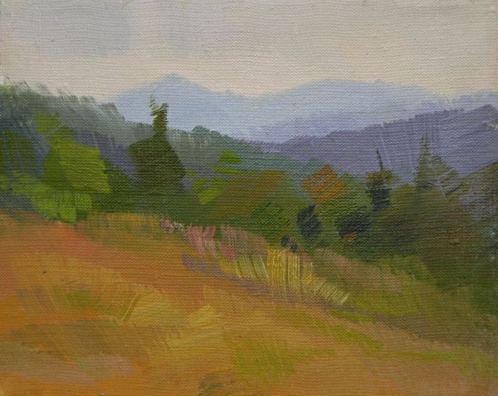 Landscape painting titled "Mountains smoking"