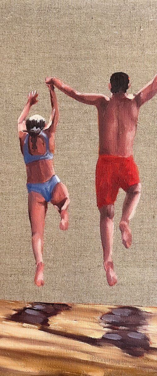 Jump with me - Couple Swimmer on Beach Painting by Daria Gerasimova