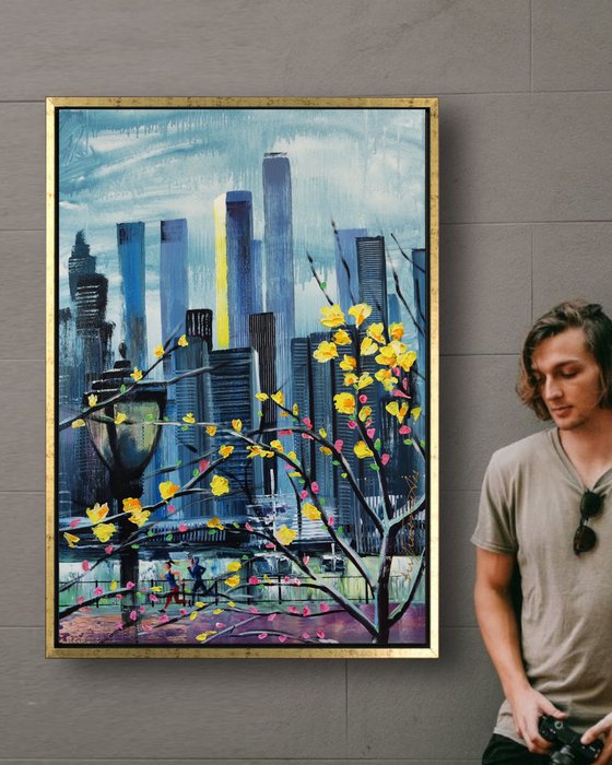 New York in Springtime Original Acrylic Painting, NYC Blooming, American City Blossoming, Blossoms Tree in New York Wall Art, Floral and Flowers in US City