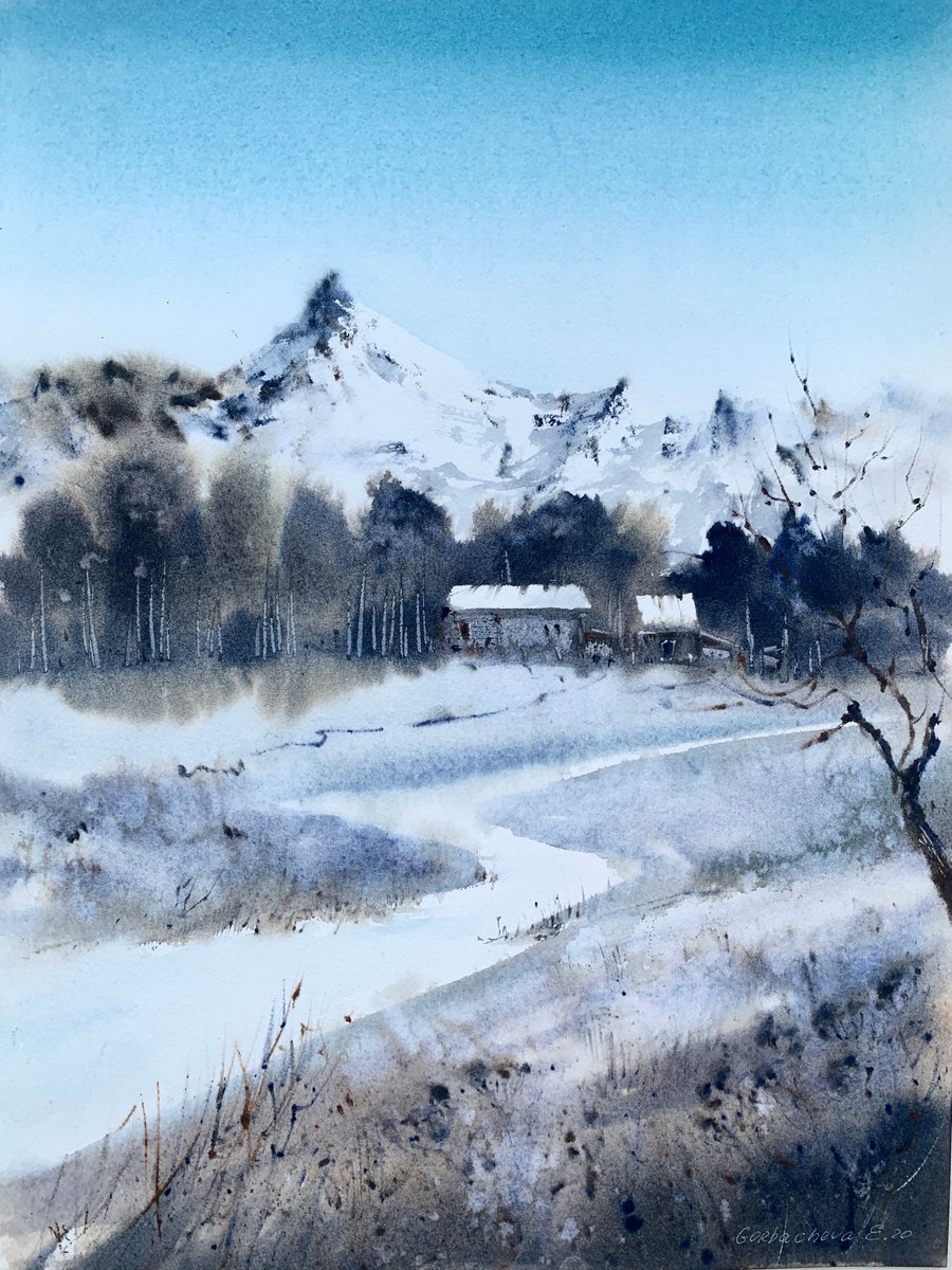 Impressionistic Landscape Painting By Eugenia Gorbacheva, 12 X 16, House In The Mountains, Original Artwork