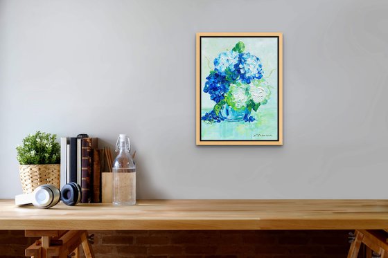 White and Blue Hydrangea Small Painting on Canvas. Modern Impressionism Contemporary Art