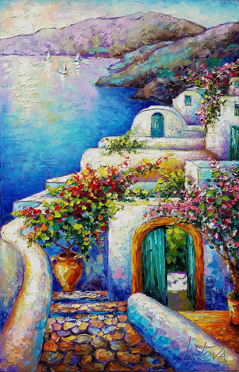 Impressionistic Landscape Oil Painting By Viktoria Lapteva, 20 X 31", Santorini Greece, Original Artwork