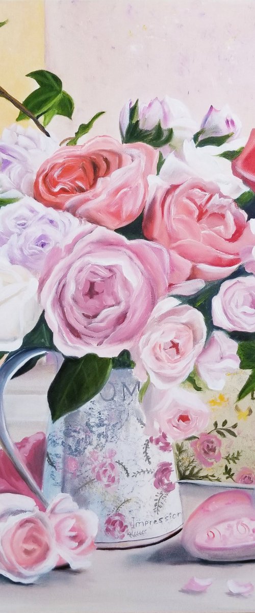Shabby Chic Heart and Roses Oil Painting on Canvas. Flower Art. Wall Decor. Gift for Mom. by Alexandra Tomorskaya/Caramel Art Gallery