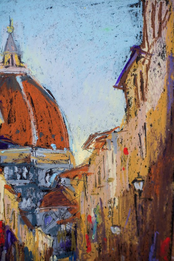 Florence in dawn. View of Duomo cathedral and colorful street. Small oil pastel drawing bright colors italy