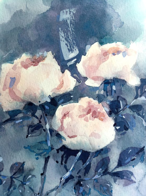 "Dance. Three white roses on a background in shades of thunderous gray" watercolor sketch original illustration