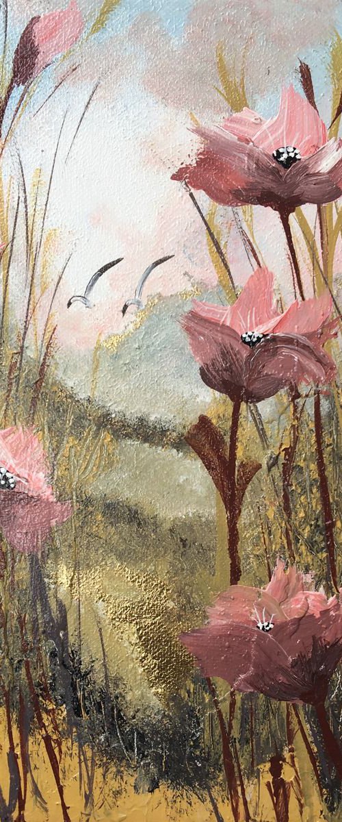 Pink poppies on gold leaf by Marja Brown