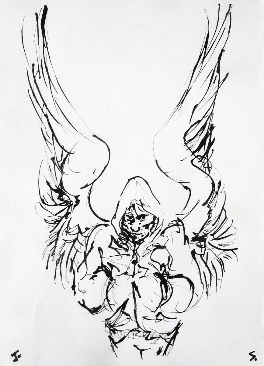 Surrealistic Portrait Ink Drawing By John Sharp, 16 X 23, Angel Hood 8, Original Artwork