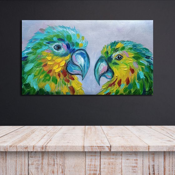Parrots birds - parrots, painting on canvas, gift, parrots art, art bird, animals oil painting,  palette knife