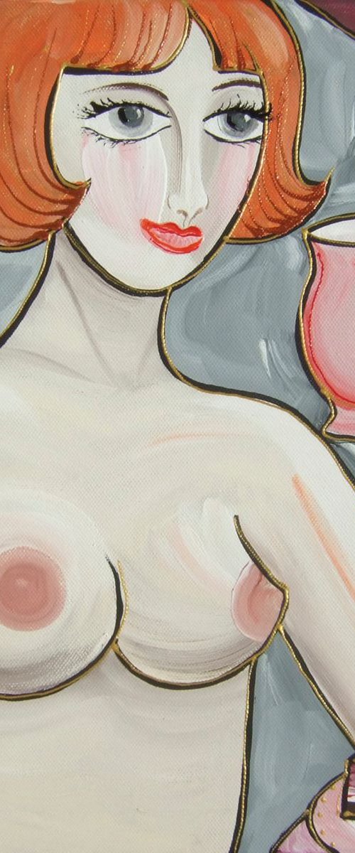 Portrait of nude Girl with a cup F128 Burlesque Painting decor Beautiful Woman acrylic on stretched canvas wall art by Ksavera