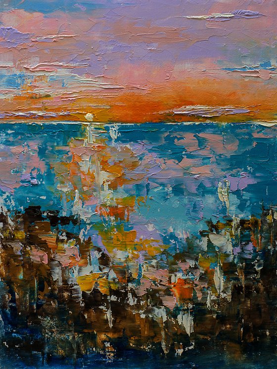 Croatian sunset on Adriatic sea. Abstract sunset oil painting