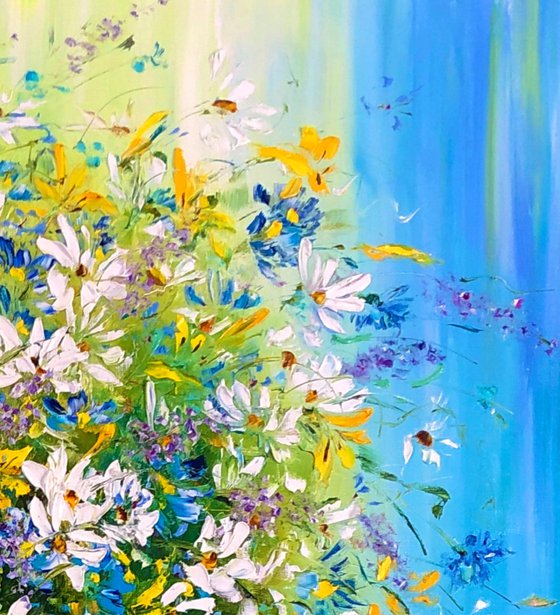 THE DANCE OF WILD FLOWERS - Floral still life. Lovely daisies. Modest cornflowers. Wildflowers. Huge bouquet. Summer colors. Village.