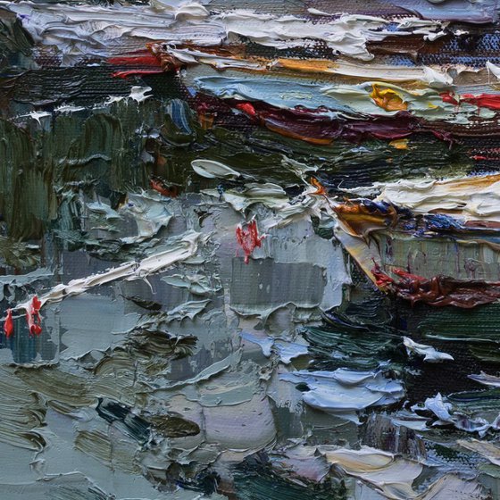 Rowing boats in the bay - Original oil painting