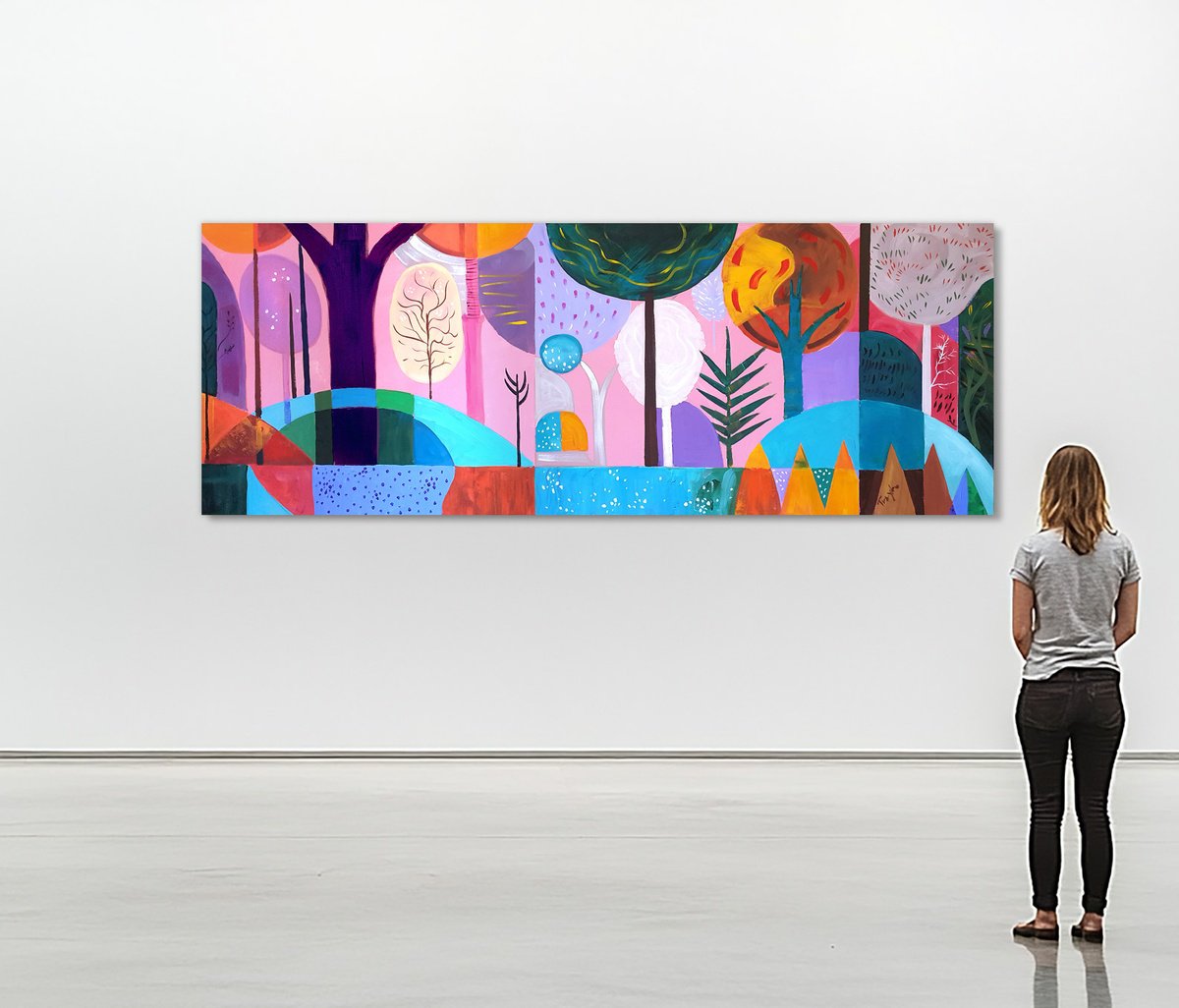 Abstract Landscape Acrylic Painting By Trayko Popov, 67 X 26", Dreamscape Forest, Original Artwork