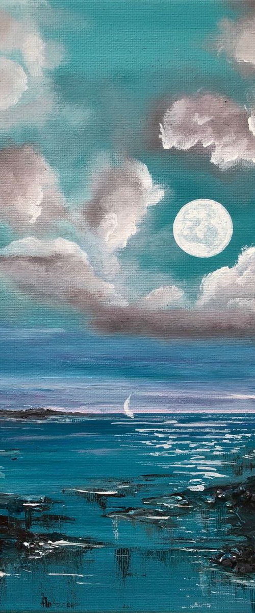 Super moon over the sea by Marja Brown