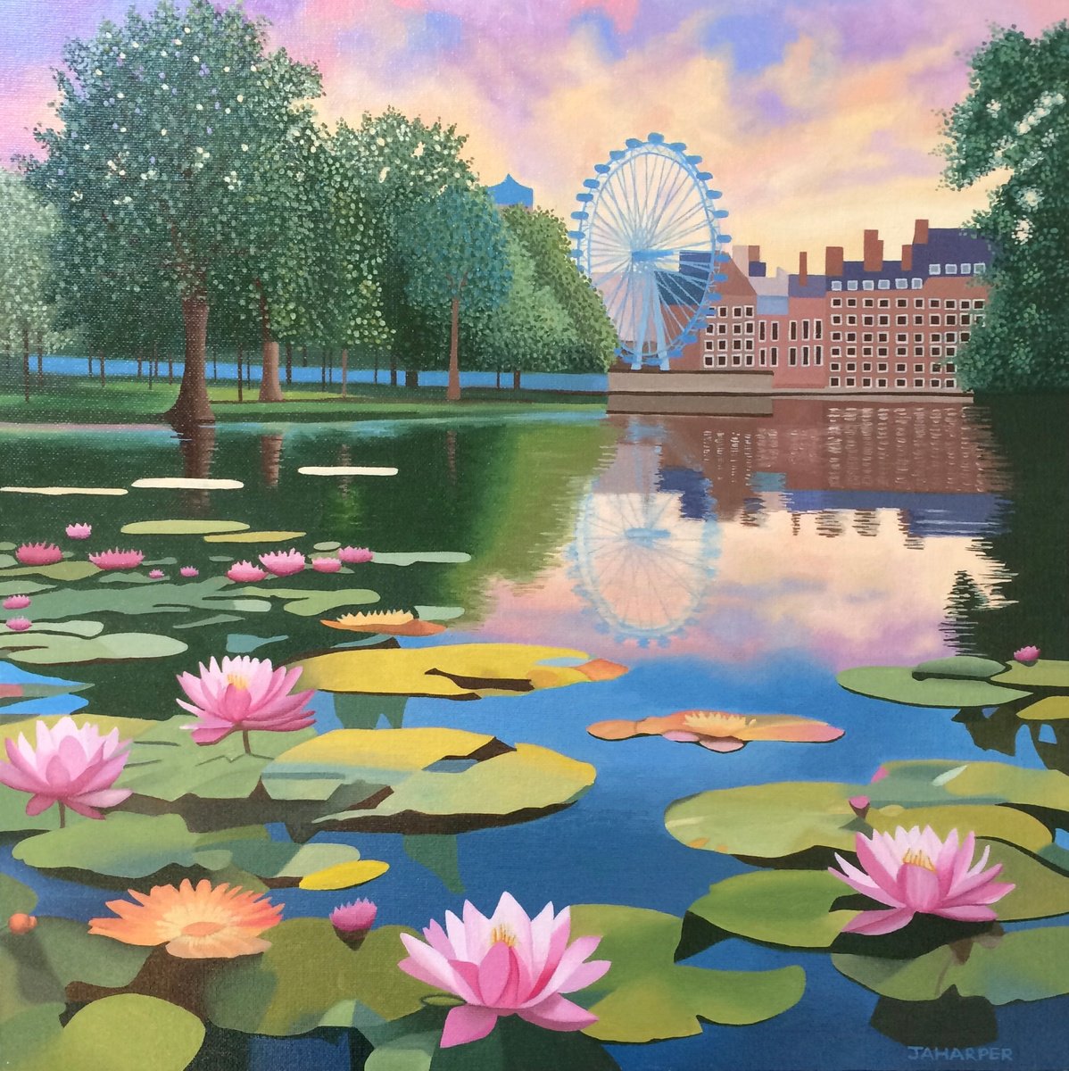Surrealistic Oil Painting , London Eye With Lilies By Jill Ann Harper, 18 X 18, Artwork For Sale On Artfinder