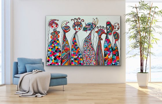 78''x 50''(200x125cm), Friends 45, blue, pink, red, orange, green black, land earth colors canvas art  - xxxl art - abstract art painting- extra large art