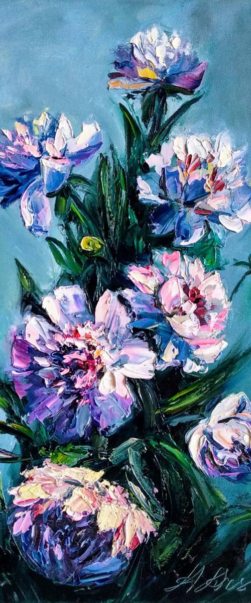Bouquet of Flowers Peony Beautiful Brush Strokes Original Art Impressionistic Textured Painting by Anastasia Art Line