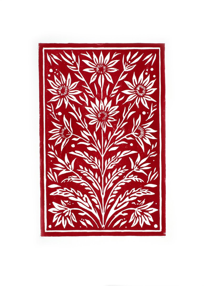 Graphic Botanical Linocut By Kosta Morr, 12 X 17", Floral Ornament Red, Original Artwork
