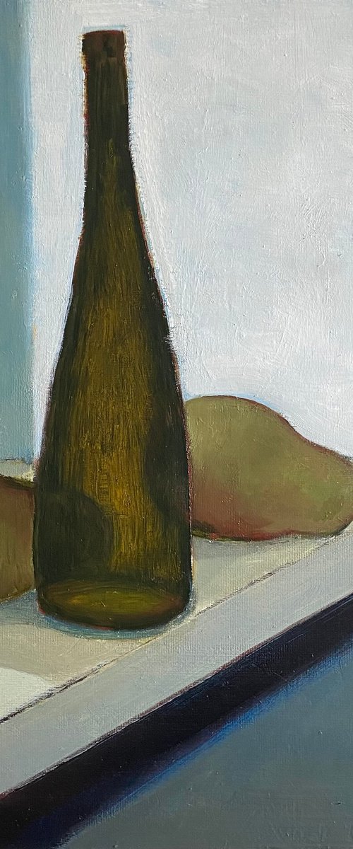 Bottle and Pears in Window by Nigel Sharman