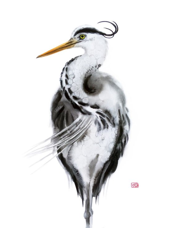 Grey heron - Great Blue Heron - bird painting -  heron - watercolour painting