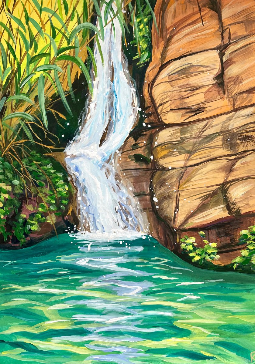Waterfall Original Gouache Painting, Tropical Wall Art, Cyprus Artwork, Travel Gift, Green... by Kate Grishakova