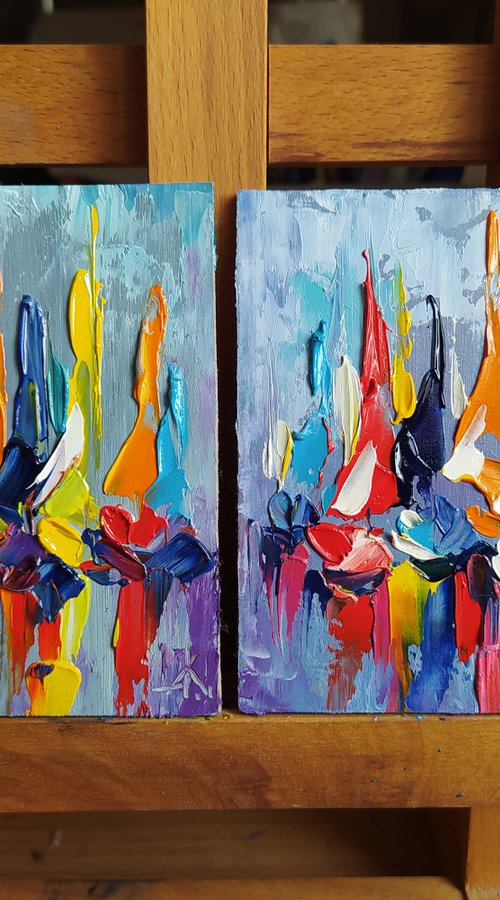 Diptych yachts - small yachts, diptych, yacht racing, yacht, boats, oil painting, yacht club, yacht original painting, seascape, small size, postcard size by Anastasia Kozorez