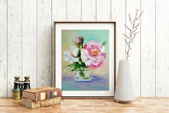 Peonies Painting Original Art Pink Floral Small Artwork Daisy Wall Art