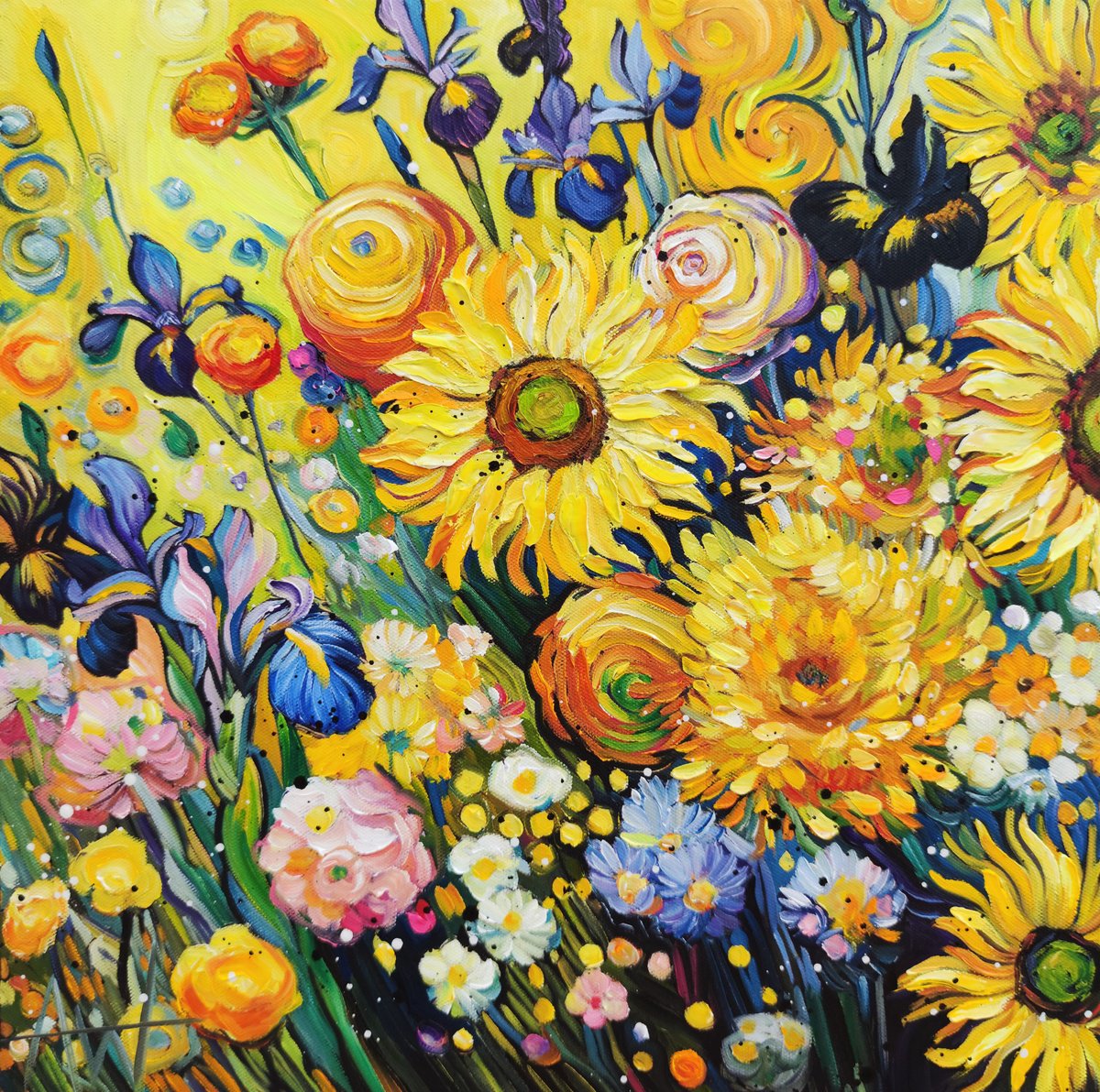 Expressive Botanical Oil Painting By Angie Wright, 16 X 16, Sunshine Rush, Original Artwork