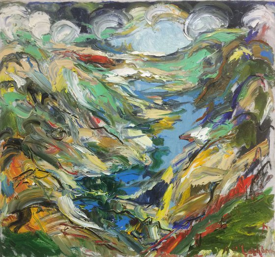 MOUNTAIN LANDSCAPE - landscape art, mountainscape, mountain, expressive, sky, canyon  68x73