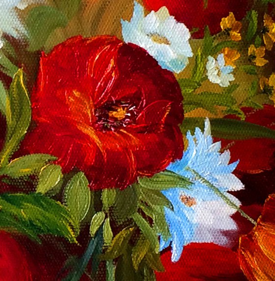 BOUQUET OF WILDFLOWERS - Nice still life. Bouquet of red poppies. White daisies. Summer. Flower garden. Pleasantly. armful.