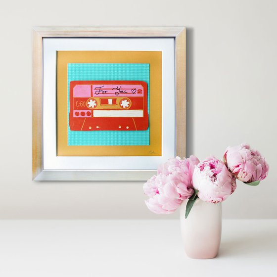 Framed Lino print and collage - Valentines mix tape- For You (lino-print of cassette tape)