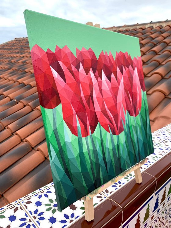 SCARLET TULIPS ON GREEN