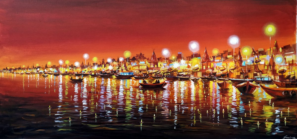 Impressionistic Cityscapes Acrylic Painting By Samiran Sarkar, 45 X 21", Beauty Of Night Varanasi, Original Artwork