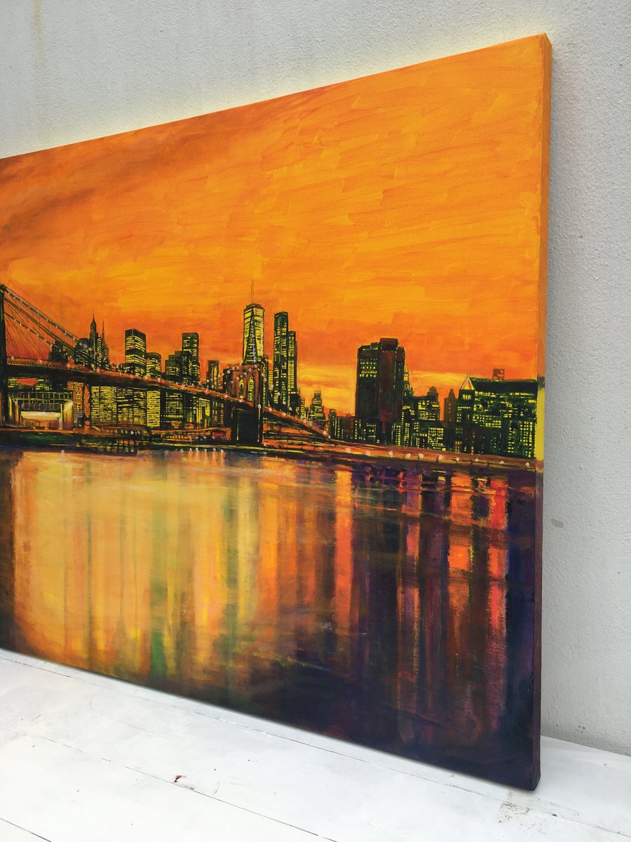 Original Oil Painting - Brooklyn Bridge Sunset by Patricia Clements